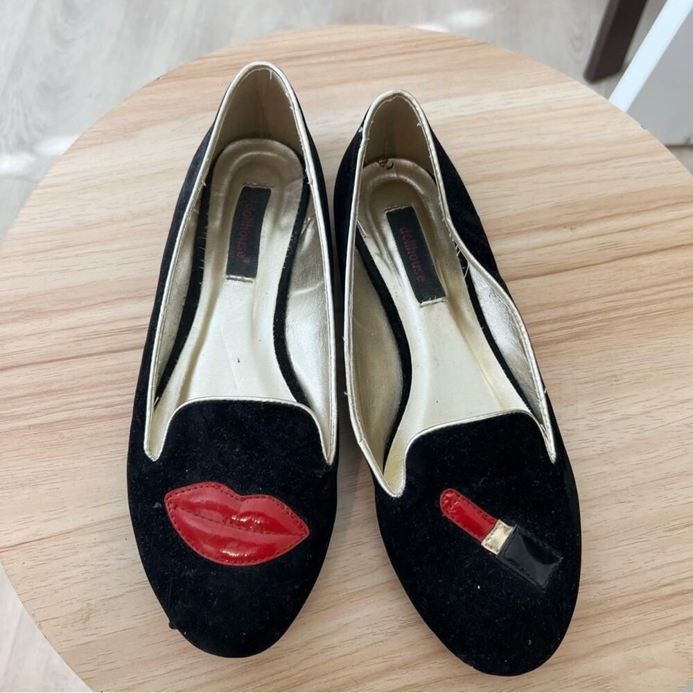 Dollhouse Lipstick Lips Black Velvet Gold Red Loafers Smoking Shoes, 6